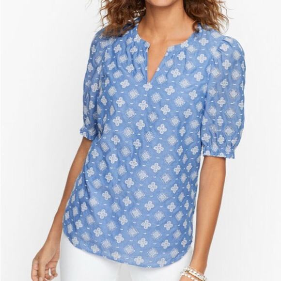 Talbots Dancing Flowers Embroidered Blue Costal Blouse - Picture 1 of 6